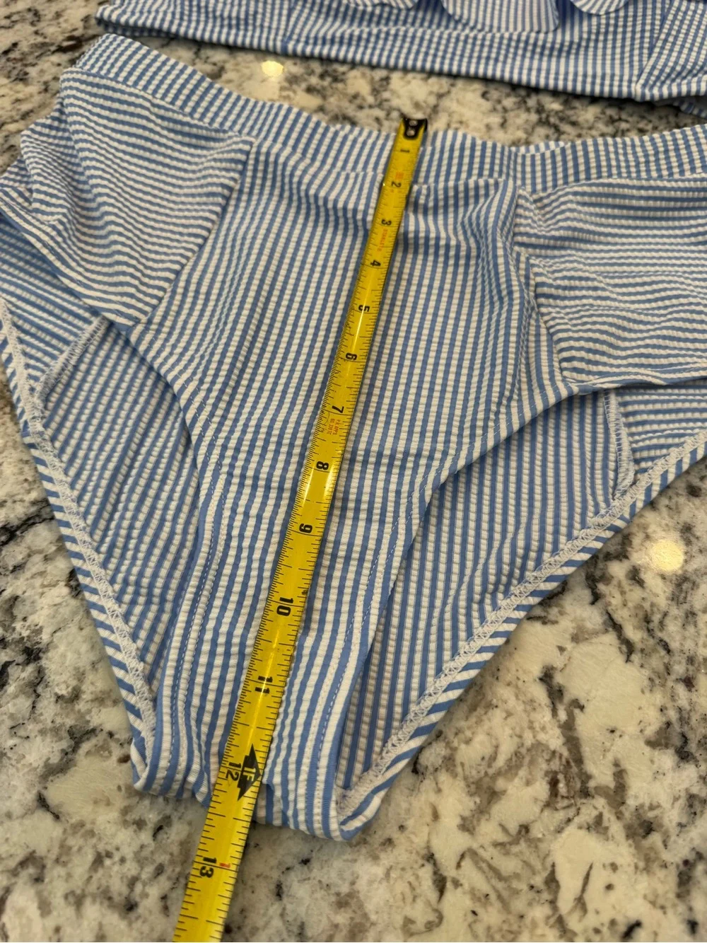Blue & White Seersucker Ruffle Bandeau Bikini Set High Waist Size L - Picture 3 of 9